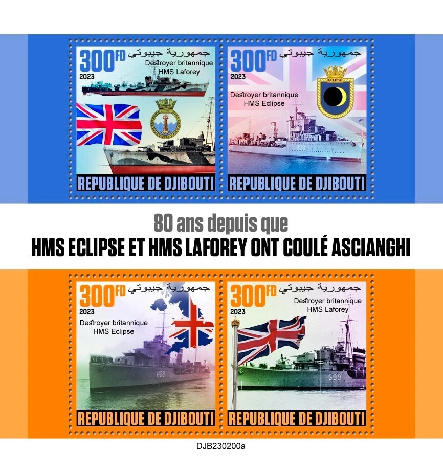 Estampillas británicas de la Segunda Guerra Mundial HMS Eclipse y HMS Laforey Ships MNH 2023 Djibouti M/S Foto 1 de 1