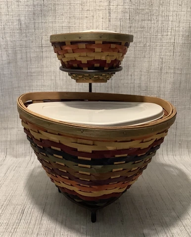 Longaberger 2008  Multicolor Triangle Basket Set w/Wrought Iron Stand Cover