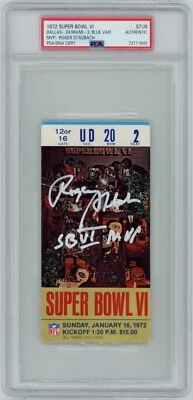 Roger Staubach Signed Blue Variant Super Bowl 6 Ticket w/ "SB VI MVP" PSA - Image 1 of 2