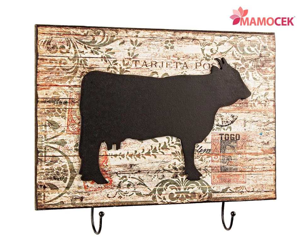 APPENDINO Legno lavagna cm.39x28 mucca nero verde attaccapanni a muro shabby - Immagine 1 di 1