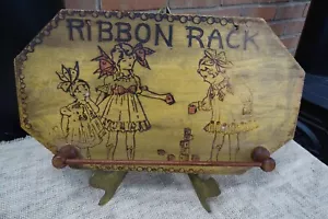 Antique Pyrography Wood Ribbon Rack with Little Girl Design - Picture 1 of 10