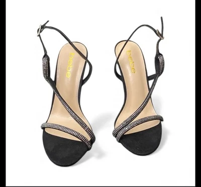 Женские сандалии Bebe Y2K на каблуках Bing с открытым носком и ремешками размер 6 черные туфли на каблуках Sude - Изображение 1 из 4