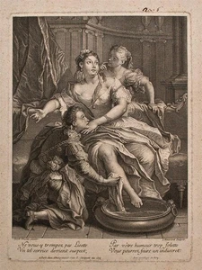 Jean-Baptiste Haussard Lisette Fußwaschung Barock Kupferstich nach Courtin 18 Jh - Bild 1 von 2