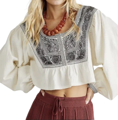 $148 - FREE PEOPLE Iggie Embroidered Blouse in Ivory/Black Bean Size XS - Image 1 of 4