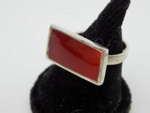 Vintage Sterling Silver Red Enamel Rectangle Modernist Ring Sz 6 Mid Century - Picture 1 of 6