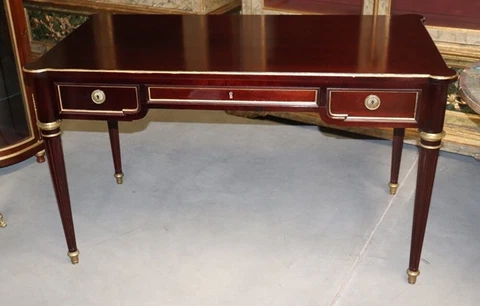 Dark Mahogany French Louis XVI Gilt Trim Brass Ormolu Writing Desk Bureau Plat Cover