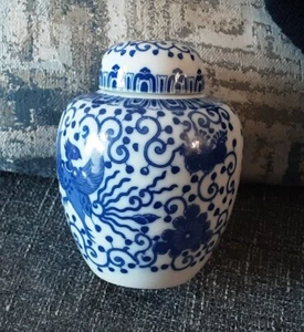 Asiatische blau-weiße Porzellan Ingwer Dose Phönix Design 5" unsigniert - Bild 1 von 8