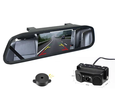 5" Car Rear Mirror Monitor + 170° Reversing Camera Parking Radar Sensor Beeper - Image 1 of 4