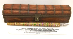 Vintage Handmade Wooden Box And Jeweled Dip Pen With 2 Nibs Novato Ca - Picture 1 of 13