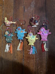 Lot of 6 Chinese Embroidered Silk Sequin Beaded Floral Bird Handmade Ornaments - Picture 1 of 11