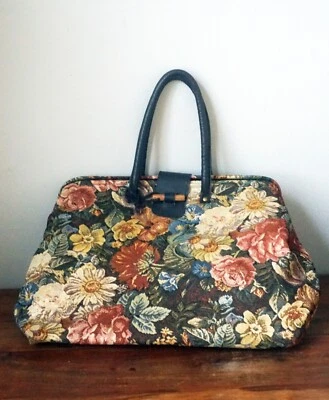 Vintage Bag Tapestry Leather Floral Print Handmade Travel Bag Handbag - Image 1 of 4