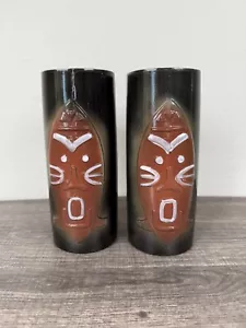 Fred Roberts Set Of 2 TIki Mugs Red Mask Airbrushed Glaze Ceramic Hawaii - Picture 1 of 18