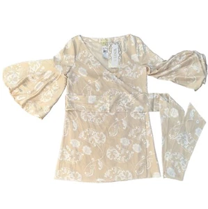 $425 MESTIZA NEW YORK Cadiz Floral Satin Mini Wrap Dress S Beige Kimono - Picture 1 of 9