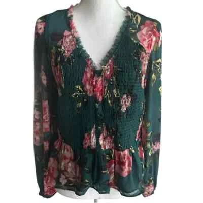 Jessica Simpson Smocked Long Sleeve V-Neck Blouse Size Medium - Image 1 of 4