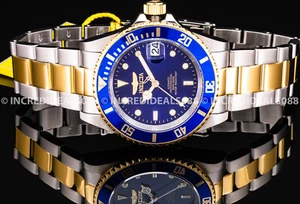 Invicta Mens PRO DIVER AUTOMATIC BLUE Dial 18k Gold Silver Bracelet Luxury Watch - Picture 1 of 10