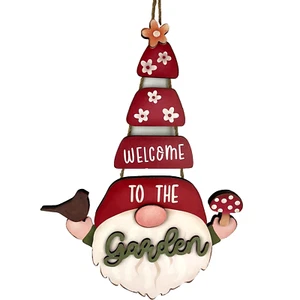 Garden Gnome Wood Plaque "Welcome To The Garden" H 16" Flowers Vegetables Hanger - Picture 1 of 8