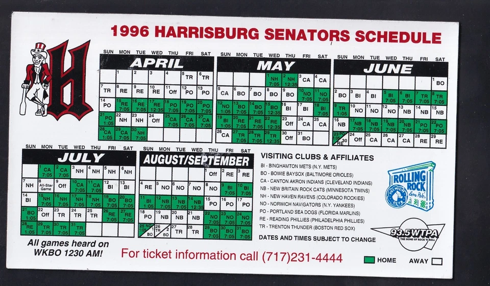 1996 Harrisburg Senators Magnet Schedule WTPA Rolling Rock Expos Affiliate - Image 1 of 1