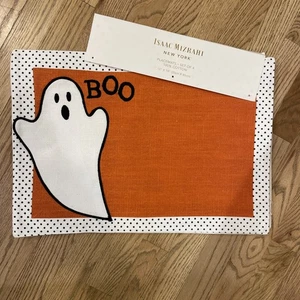 Set/4~ISAAC MIZRAHI Halloween Ghost Placemats~ 13x19 Cotton White Polka Orange - Picture 1 of 4