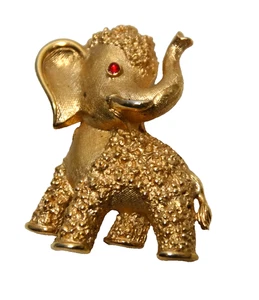 Krone Trifari Vintage goldene Baby Elefant Brosche rot Strass Auge - Bild 1 von 4