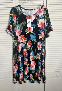 NWT VIISHOW Women’s 2XL Black Tropical Floral Ruffle Sleeve Mini Dress Stretch - Picture 1 of 5