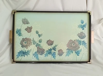 Vintage c1970s melamine red purple floral pattern brass detail serving tea tray - Image 1 of 4