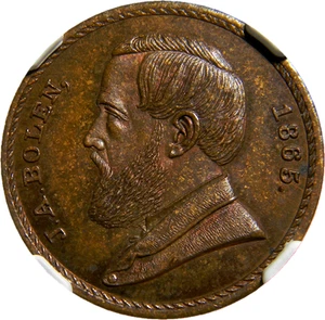 1865 John Adams Bolen Store Card Gettone NGC MS 65 BN (03517) - Foto 1 di 4