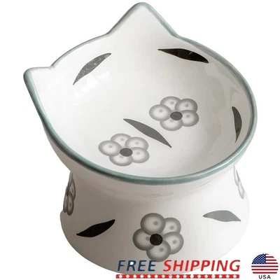Elevated Ceramic Cat Bowl Iridescent Print Easy Clean Durable Hygienic Design US - Image 1 of 4