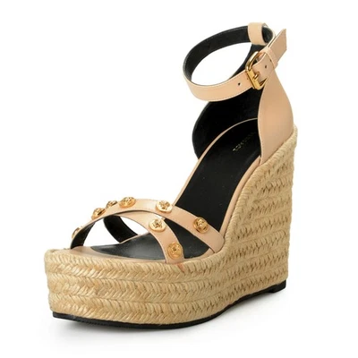 范思哲女式金色美杜莎皮革踝带楔形凉鞋 US 9 IT 39 — 第 1/4 张图片