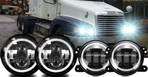 for Freightliner Coronado 7'' LED Headlight Round Projector Hi/Lo+ 4'' Fog Light - Picture 1 of 12