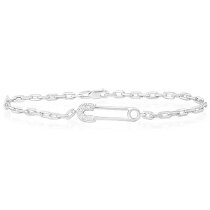 0.12CTW Real Diamond Sterling Silver Safety Pin Cable Bracelet 7" - Picture 1 of 3