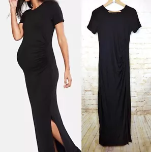 A Pea in the Pod Maxi Dress Women M Black Luxe Waist Ruched Maternity Side Slit - Picture 1 of 17
