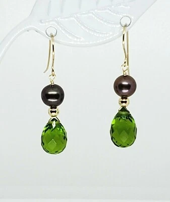 14k Yellow Gold Peridot Briolette and Grey Freshwater Pearl Drop Dangle Earrings - Image 1 of 4