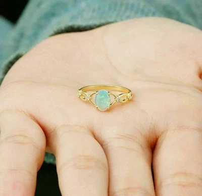 Natural Fire Opal 2Ct Oval Cut Solitaire Wedding Ring 14k Yellow Gold Plated - Image 1 of 4