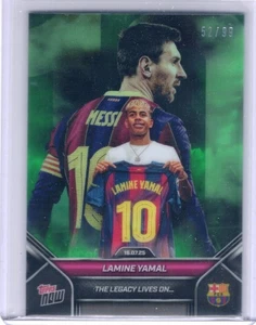 2025 Topps Now FC Barcelona Lamine Yamal Lionel Messi Chrome GREEN 52 /99 #002 - Picture 1 of 2