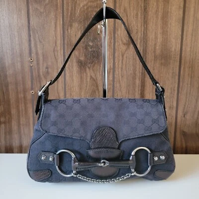 GUCCI Horsebit Chain GG Monogram Black Leather Canvas Shoulder Bag - Image 1 of 4