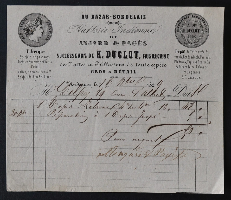 Factura BURDEOS 1859 alfombra hamaca China India DUCLOT ANJARDÍN Pagès ilustr... - Imagen 1 de 1