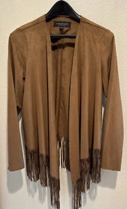 Andrew Marc New York Brown Suede Fringe Open Jacket Faux Size XS Western Rodeo - Picture 1 of 6