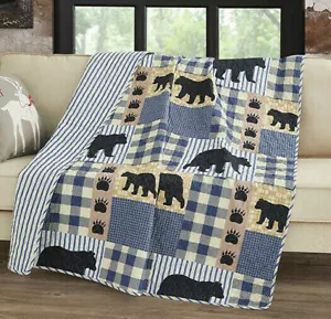 Black Bear Blue Plaid Reversible Soft Quilted Throw Blanket 50x60 in - Picture 1 of 1