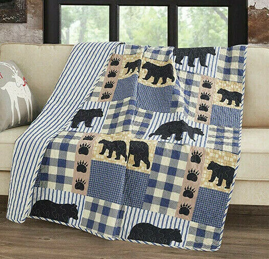 Black Bear Blue Plaid Reversible Soft Quilted Throw Blanket 50x60 in - Image 1 of 1