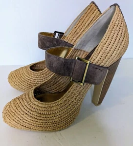 Zink Natur Raffia Korbgeflecht Grob Plateau Braun Schnalle Maryjane Schuhe 8M - Bild 1 von 14