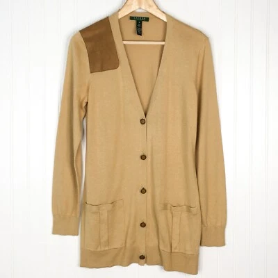 Lauren Ralph Lauren Cardigan Sweater Women M Cable knit Fisherman Suede Patch - Image 1 of 4