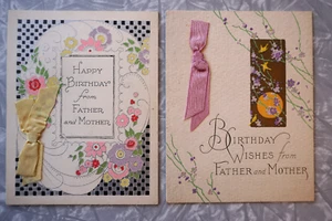 Birthday Greeting Card Lot 1920's Birthday Wishes with Real Cloth Ribbon - Picture 1 of 11