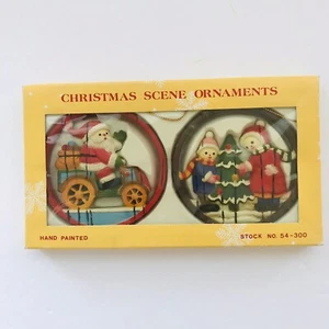 2 Hand Painted Vintage Christmas Ornaments Santa Presents Children Holiday Scene - Picture 1 of 5