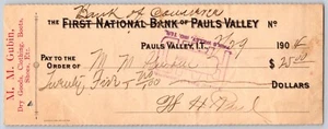 Pauls Valley, Okla. Indian Territory 1904 FNB Check "M.M. Gubin" Dry Goods Shoes - Picture 1 of 2