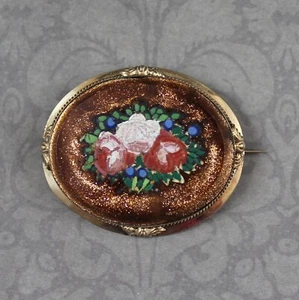 Antique Victorian 1800s Oval Goldstone Floral Mosaic Gold Filled Brooch - Afbeelding 1 van 8