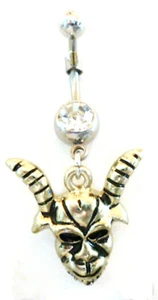 Belly Ring Devil w/Horns Antiqued Gold w/Clear Gem Dangle Naval Steel - Picture 1 of 3