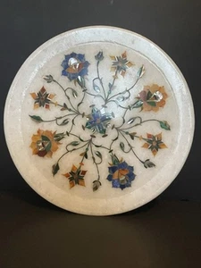 Vintage Hand Carved Indian White Marble 9” Plate Inlaid With Semi-precious Stone - Picture 1 of 6