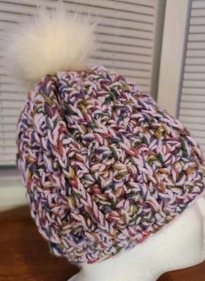 Hand Crocheted Chunky Beanie Hat Purple  Faux Fur Pom Multicolor Purple Adult - Image 1 of 4