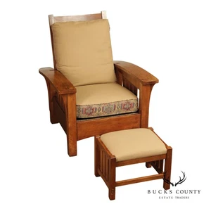 Stickley Mission Oak Collection Bow Arm Morris Chair and Ottoman - Picture 1 of 23