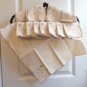 Vintage Napkin Set 12 Natural Linen Embroidered Floral Openwork Off White Beige - Picture 1 of 7